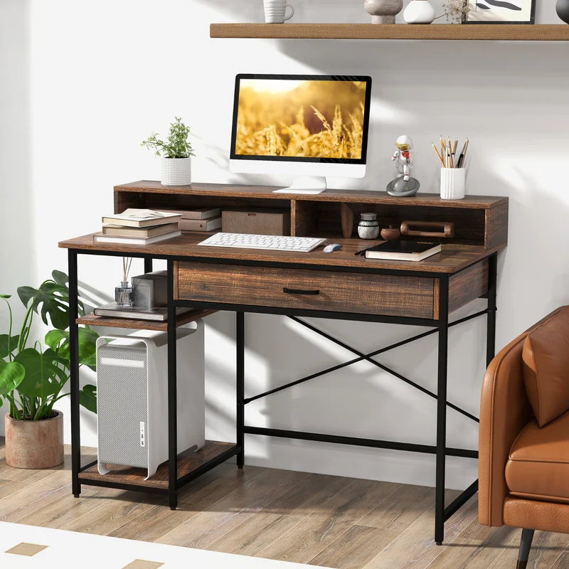 Mesa de Escritório com Suporte para Monitor - Gaveta e Prateleiras - 120x56x90,5cm Castanho
