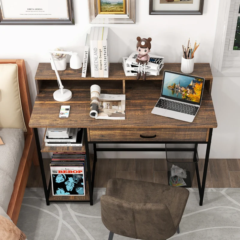 Mesa de Escritório com Suporte para Monitor - Gaveta e Prateleiras - 120x56x90,5cm Castanho