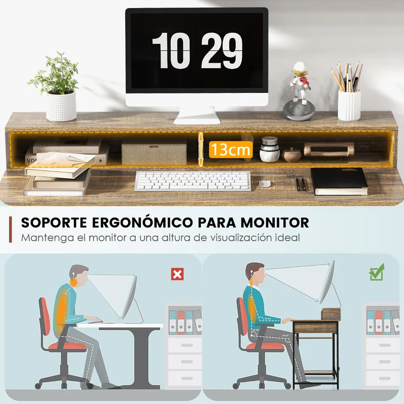Mesa de Escritório com Suporte para Monitor - Gaveta e Prateleiras - 120x56x90,5cm Castanho