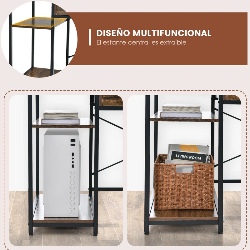 Mesa de Escritório com Suporte para Monitor - Gaveta e Prateleiras - 120x56x90,5cm Castanho