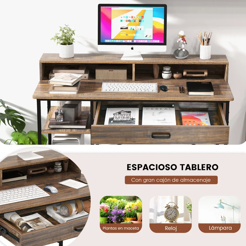 Mesa de Escritório com Suporte para Monitor - Gaveta e Prateleiras - 120x56x90,5cm Castanho
