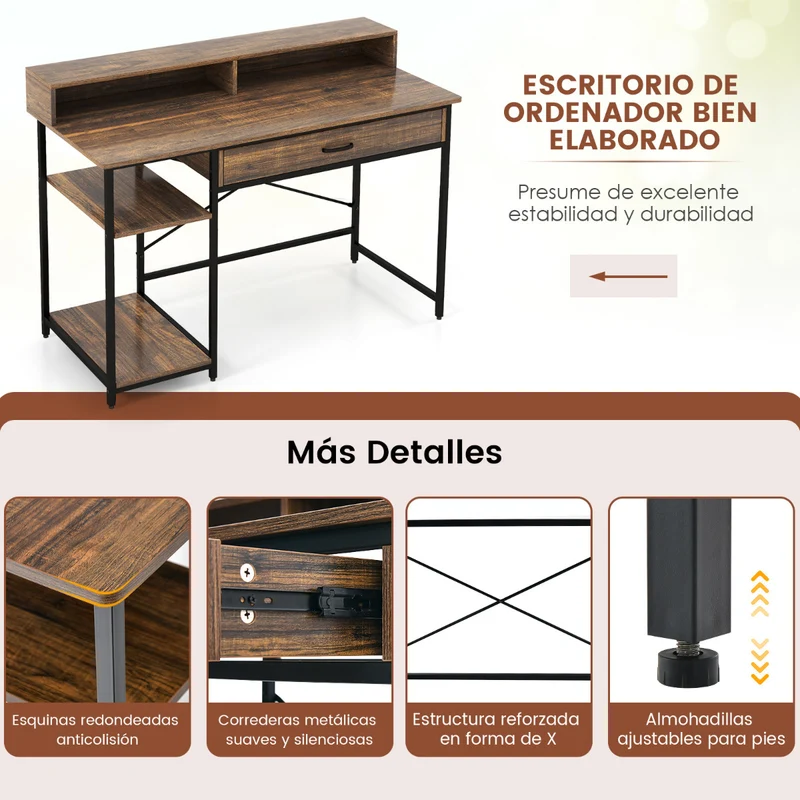 Mesa de Escritório com Suporte para Monitor - Gaveta e Prateleiras - 120x56x90,5cm Castanho