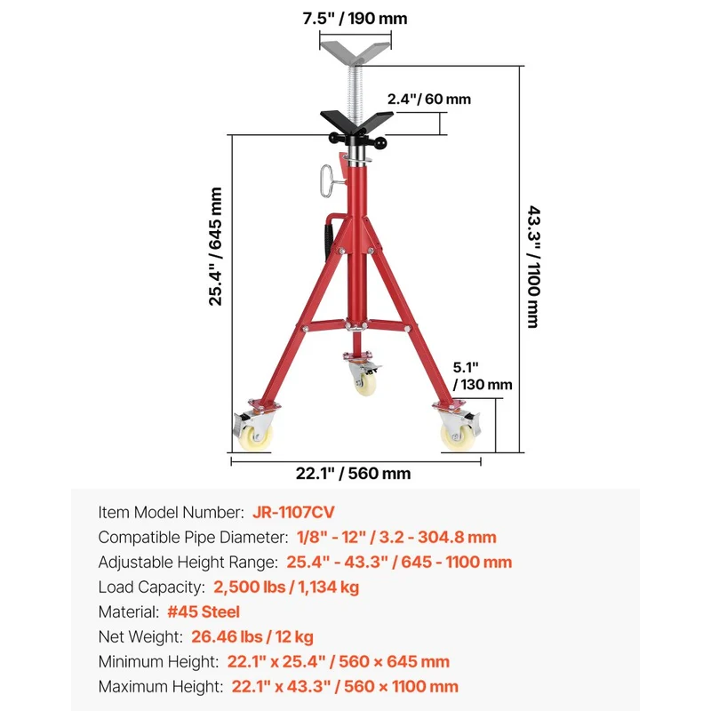 Suporte de tubo ajustável 51-94 cm, 1134 kg, 1/8 a 30 cm