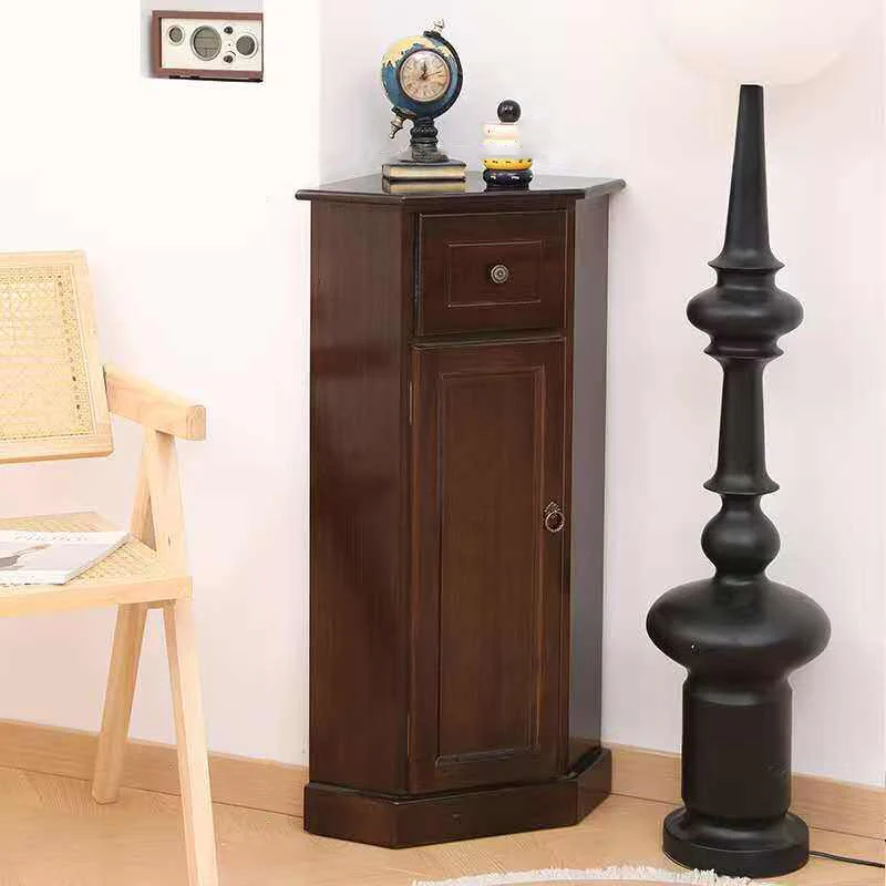 Traditional Chinese Rectangular Paulownia Wood Corner Storage Cabinet 1-Drawer For Living Room