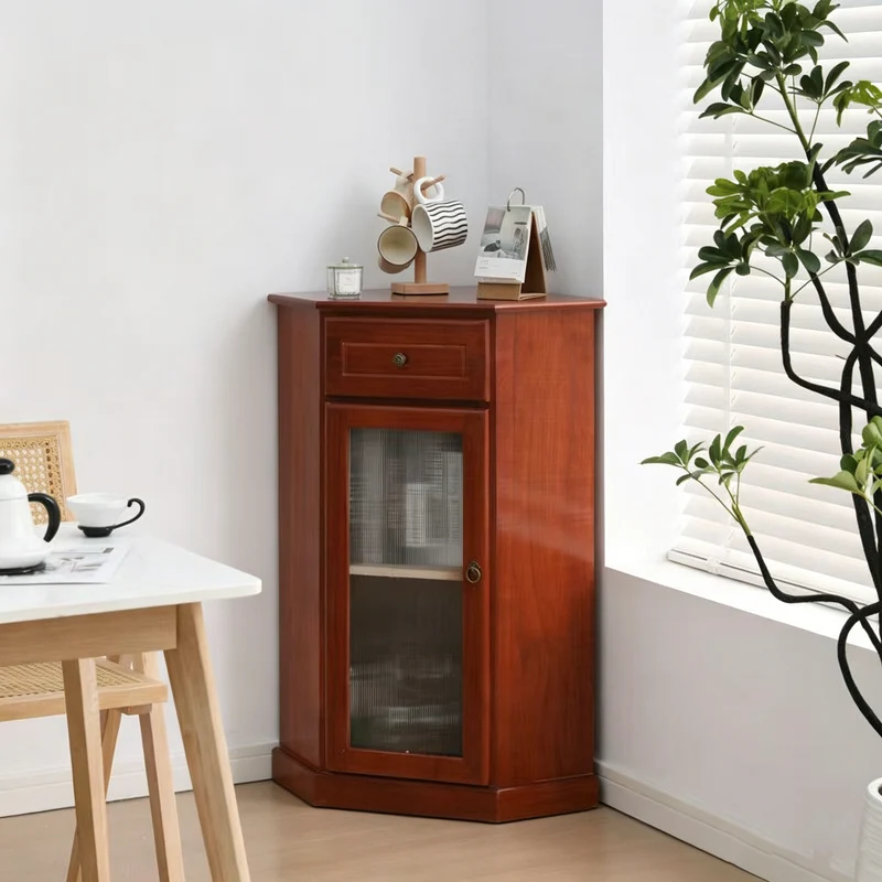 Traditional Chinese Rectangular Paulownia Wood Corner Storage Cabinet 1-Drawer For Living Room