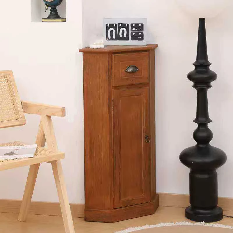 Traditional Chinese Rectangular Paulownia Wood Corner Storage Cabinet 1-Drawer For Living Room