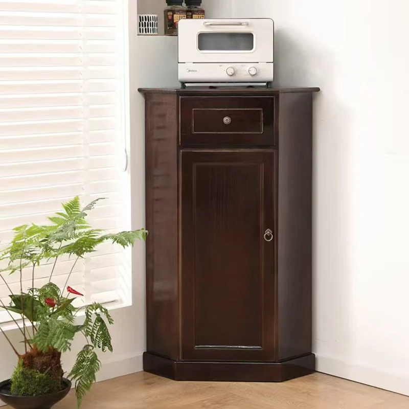 Traditional Chinese Rectangular Paulownia Wood Corner Storage Cabinet 1-Drawer For Living Room