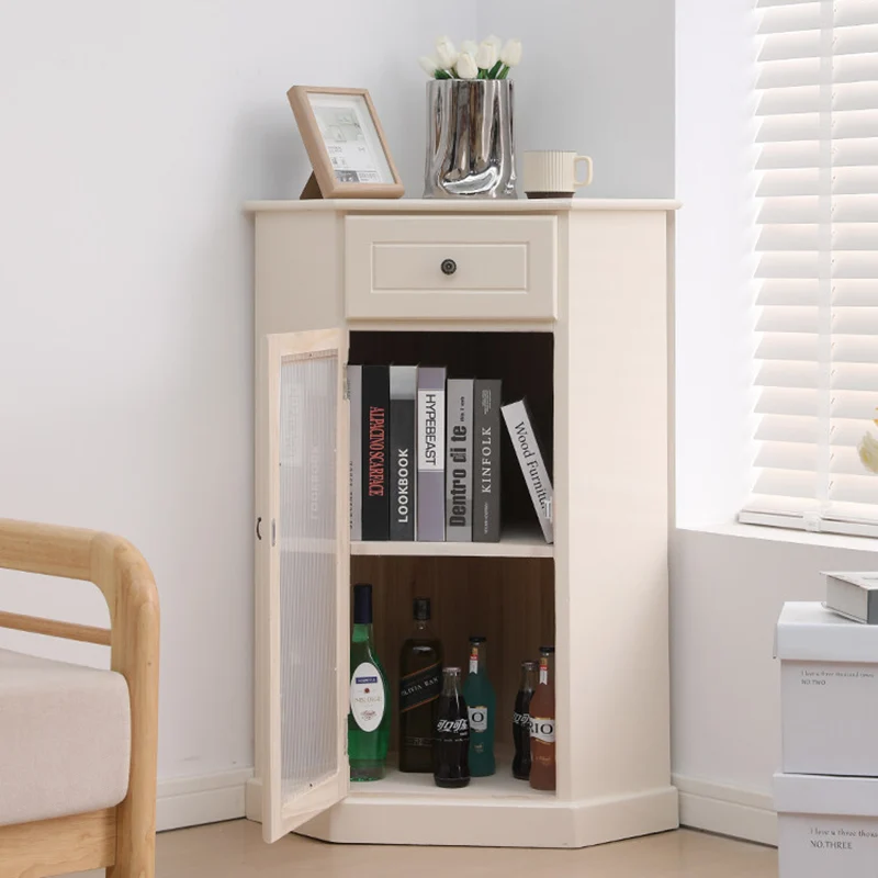 Traditional Chinese Rectangular Paulownia Wood Corner Storage Cabinet 1-Drawer For Living Room