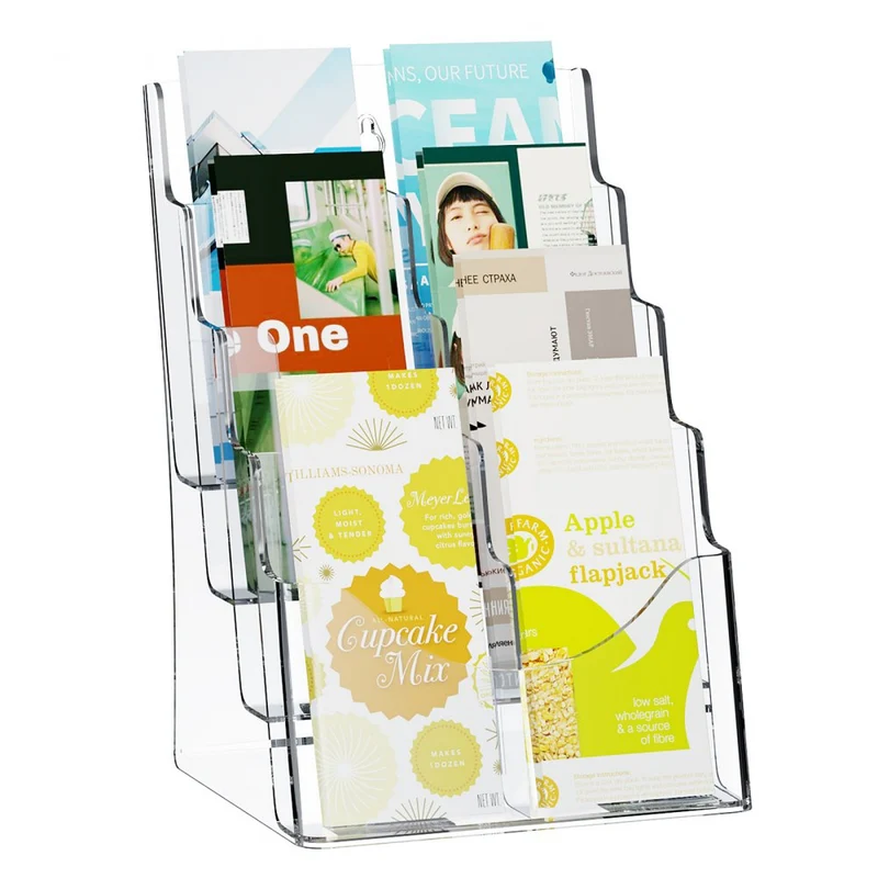 Suporte de acrílico para brochuras 22 x 28 cm, 4 níveis com divisor
