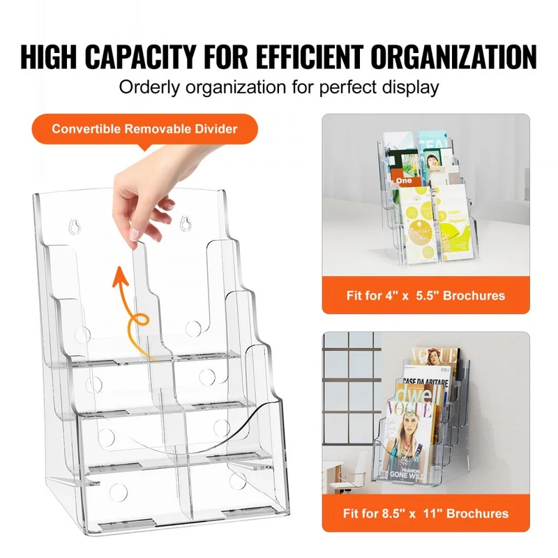 Suporte de acrílico para brochuras 22 x 28 cm, 4 níveis com divisor