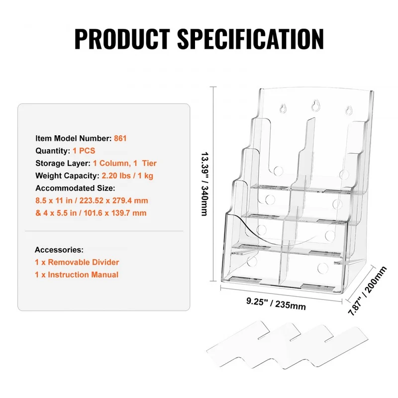 Suporte de acrílico para brochuras 22 x 28 cm, 4 níveis com divisor