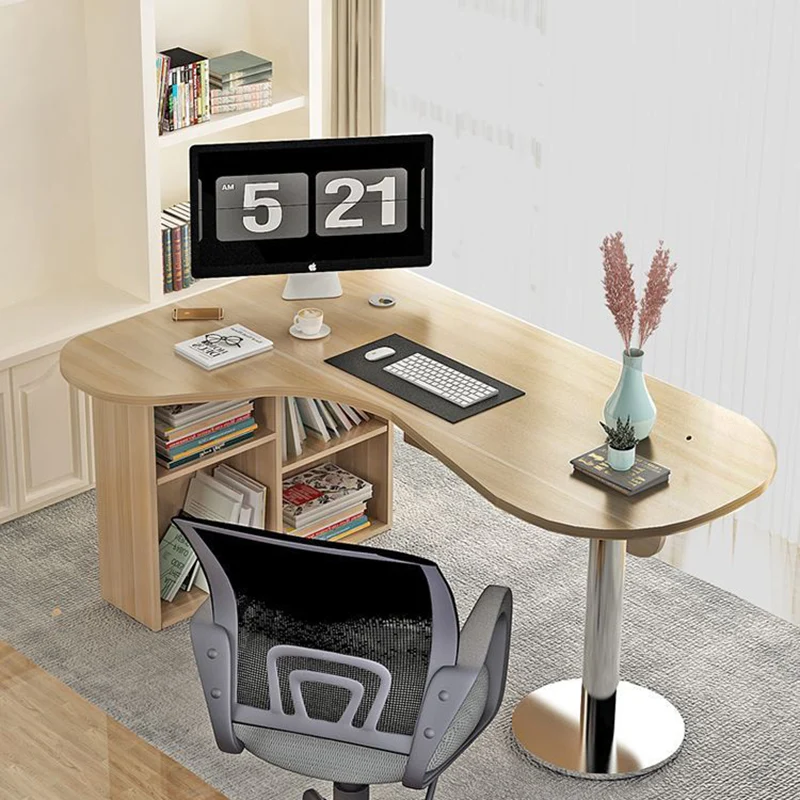Modern Minimalist Arc-Shaped E1 Environmentally Friendly Board Stainless Steel Corner Desk 1-Tier For Home Office