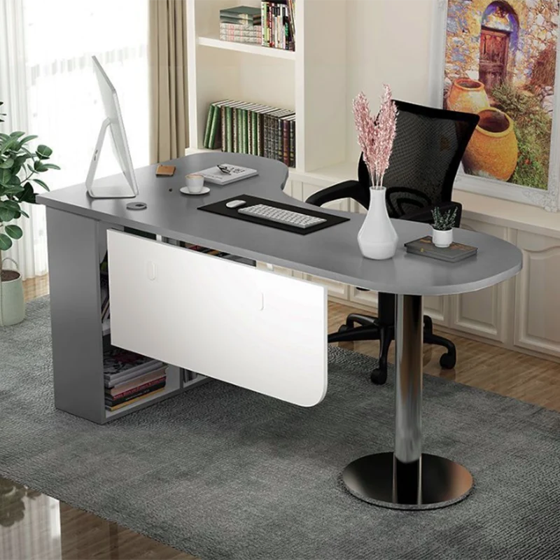 Modern Minimalist Arc-Shaped E1 Environmentally Friendly Board Stainless Steel Corner Desk 1-Tier For Home Office