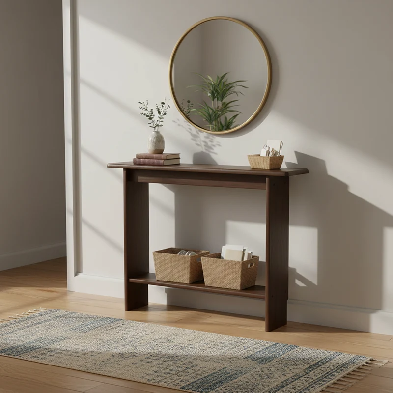 Traditional Chinese Rectangular Rubberwood Entryway Console Table 2-Layer For Hallway
