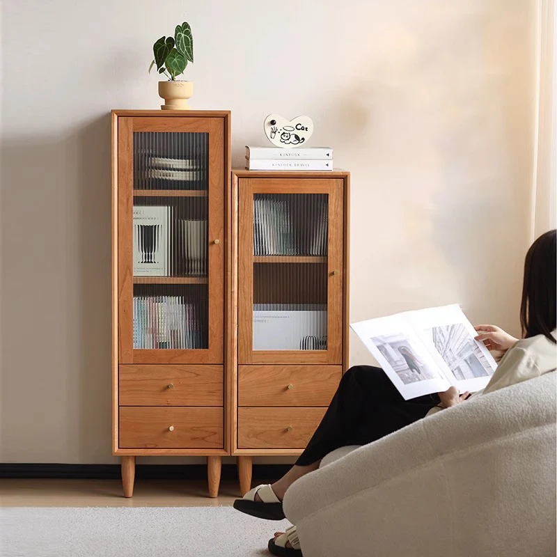 Contemporary Scandinavian Rubberwood Glass Rectangular Storage Cabinet With 2 Drawers For Living Room