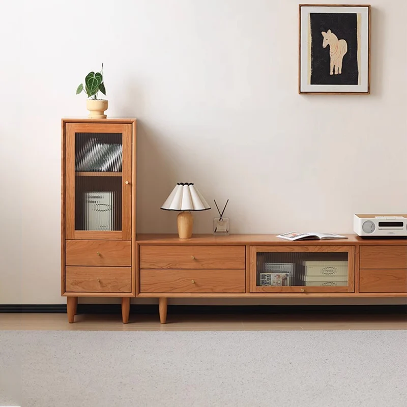 Contemporary Scandinavian Rubberwood Glass Rectangular Storage Cabinet With 2 Drawers For Living Room