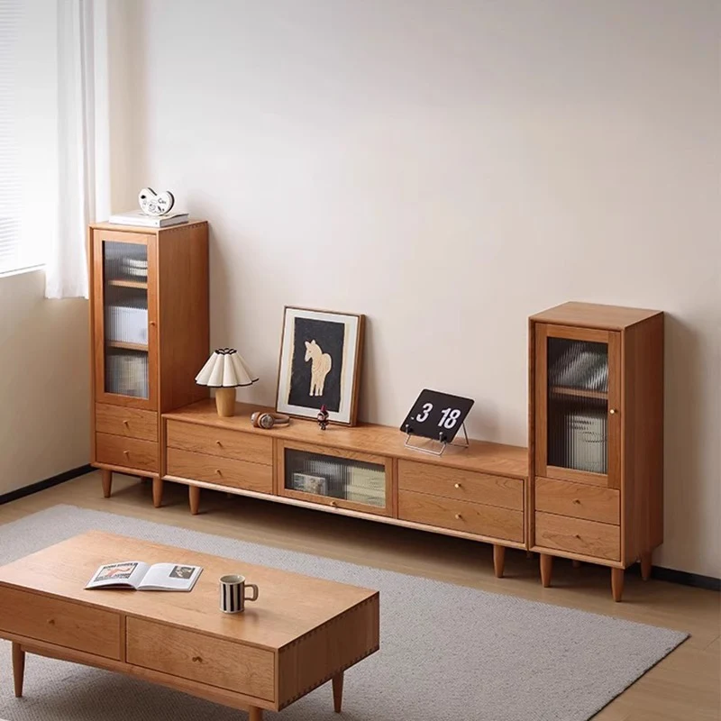 Contemporary Scandinavian Rubberwood Glass Rectangular Storage Cabinet With 2 Drawers For Living Room