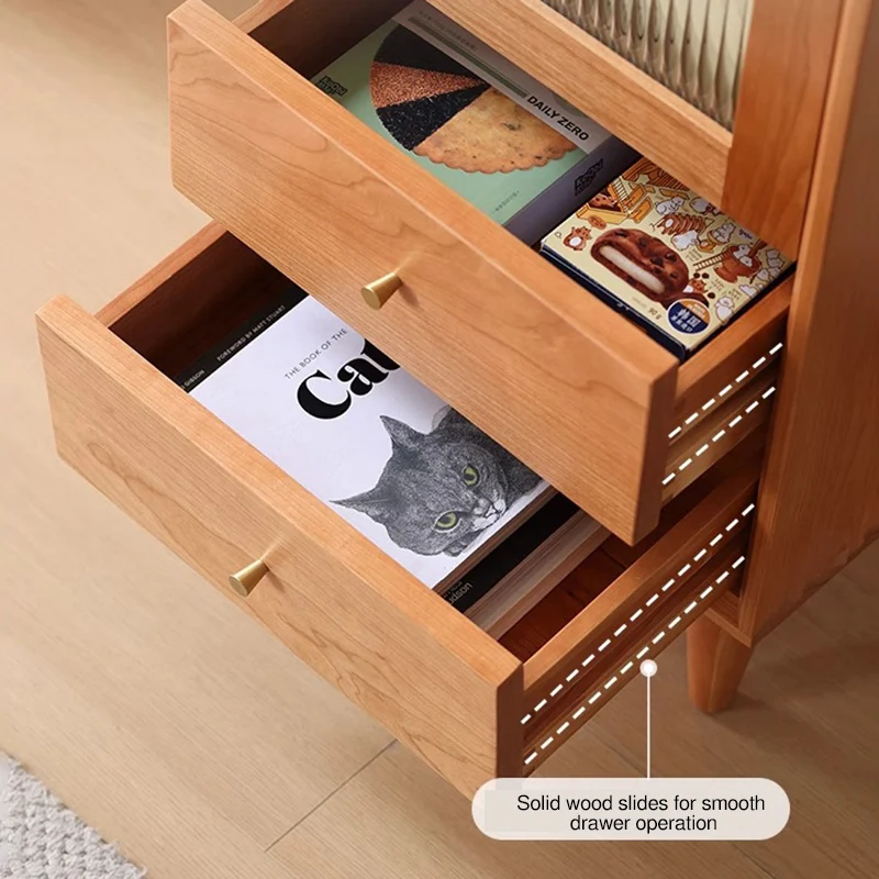Contemporary Scandinavian Rubberwood Glass Rectangular Storage Cabinet With 2 Drawers For Living Room