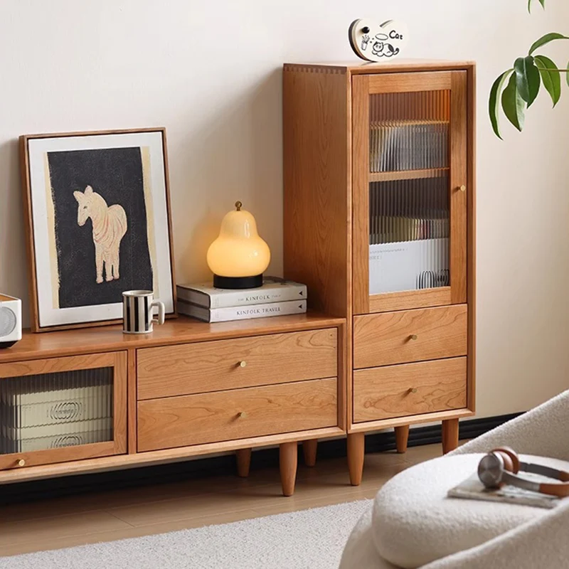 Contemporary Scandinavian Rubberwood Glass Rectangular Storage Cabinet With 2 Drawers For Living Room