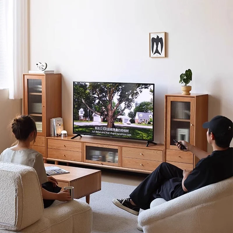Contemporary Scandinavian Rubberwood Glass Rectangular Storage Cabinet With 2 Drawers For Living Room