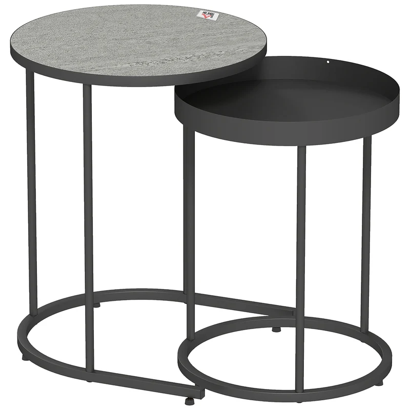 Conjunto de 2 Mesas para Sala, encaixáveis, Design de bandeja, Metal, Cinza