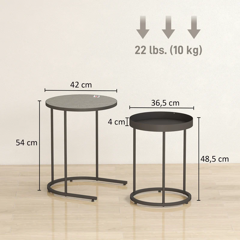 Conjunto de 2 Mesas para Sala, encaixáveis, Design de bandeja, Metal, Cinza