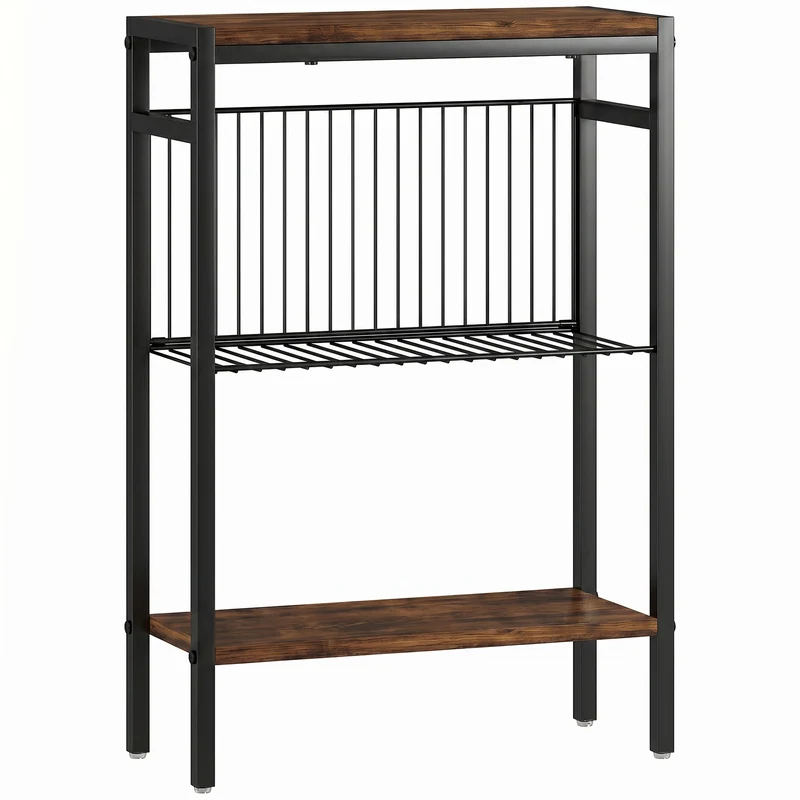 Mesa lateral com 3 prateleiras, pequena mesa de cabeceira com estrutura metálica, Castanho rústico para sala de estar