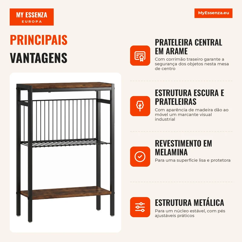 Mesa lateral com 3 prateleiras, pequena mesa de cabeceira com estrutura metálica, Castanho rústico para sala de estar