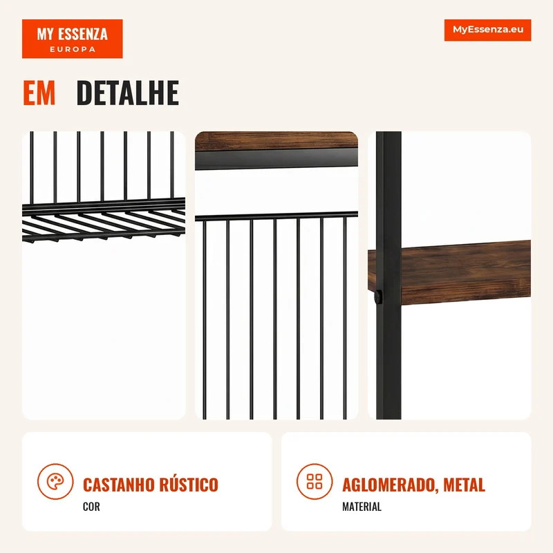 Mesa lateral com 3 prateleiras, pequena mesa de cabeceira com estrutura metálica, Castanho rústico para sala de estar