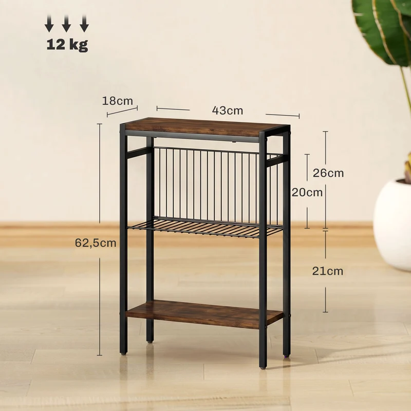 Mesa lateral com 3 prateleiras, pequena mesa de cabeceira com estrutura metálica, Castanho rústico para sala de estar