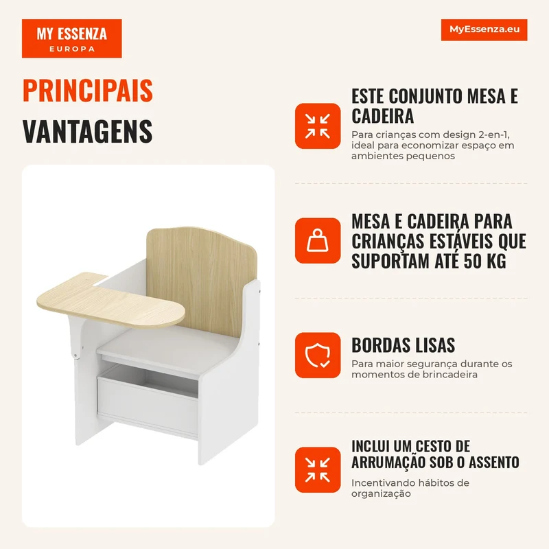 Mesa e Cadeira para Crianças com Cesto de Arrumação Conjunto de Mesa de Atividades 2 em 1 para Desenho Leitura e Brincadeiras Branco