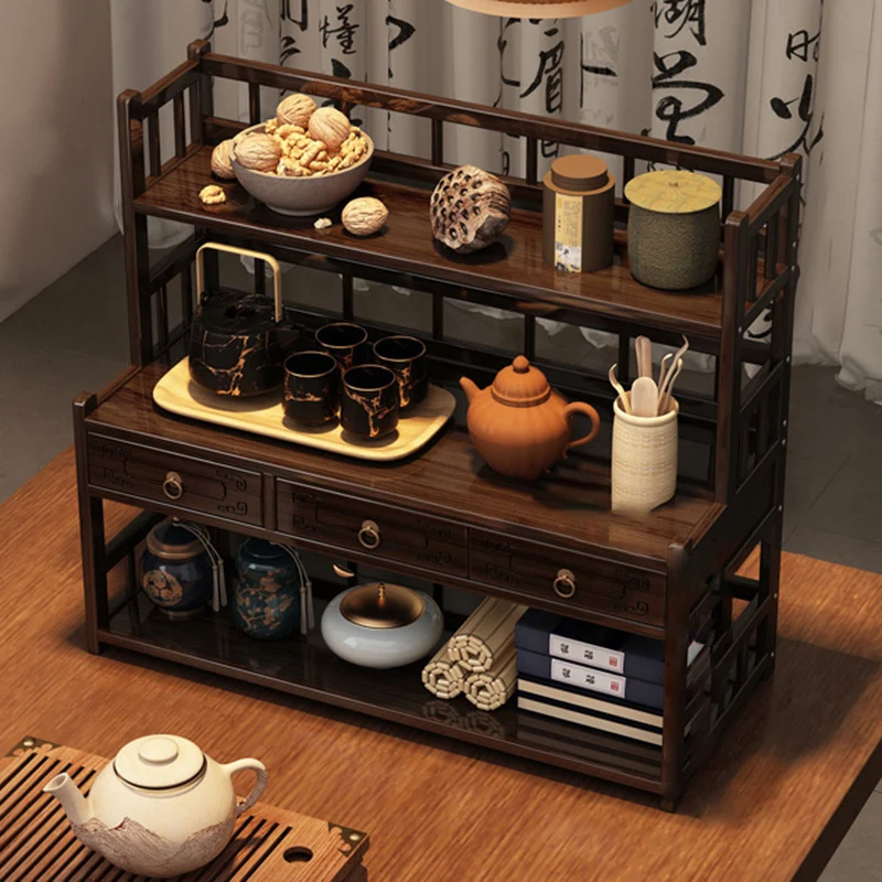Traditional Chinese Nan Bamboo MDF Rectangular Desktop Storage Shelf 3-Drawer For Living Room