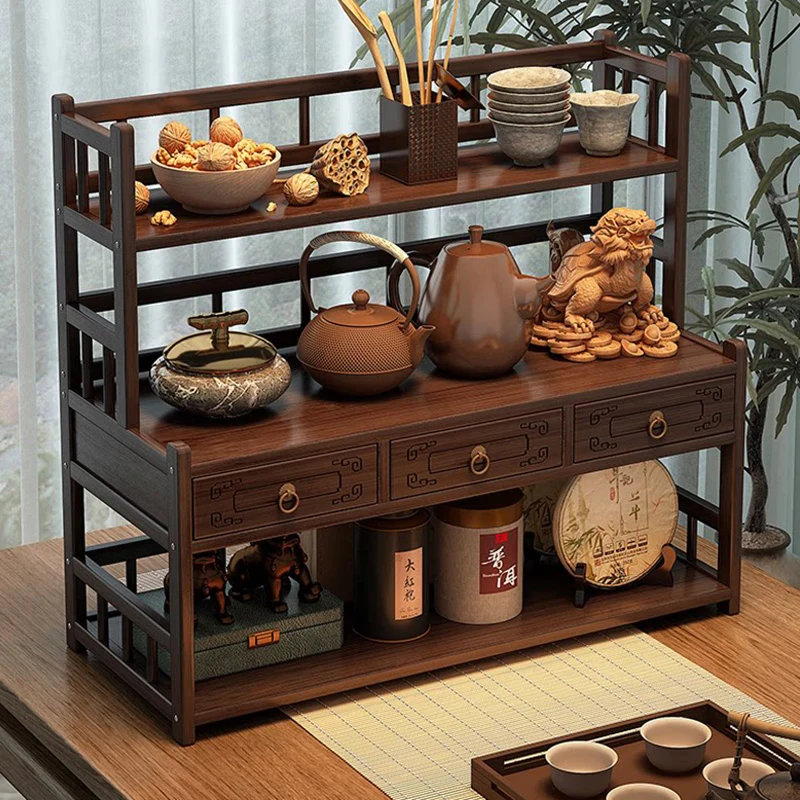 Traditional Chinese Nan Bamboo MDF Rectangular Desktop Storage Shelf 3-Drawer For Living Room