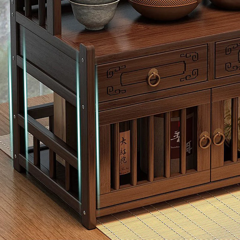 Traditional Chinese Nan Bamboo MDF Rectangular Desktop Storage Shelf 3-Drawer For Living Room