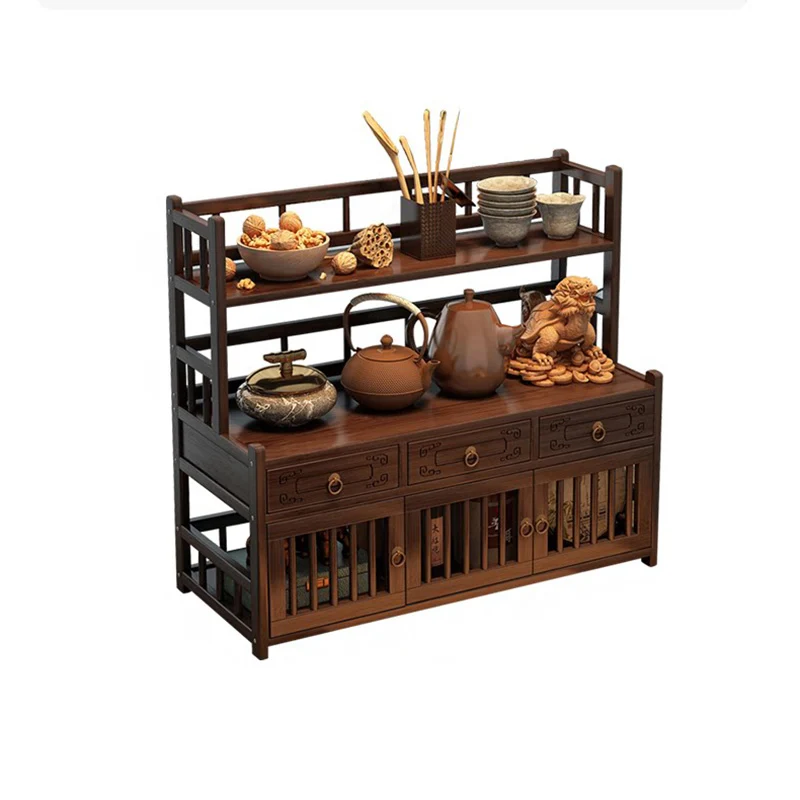 Traditional Chinese Nan Bamboo MDF Rectangular Desktop Storage Shelf 3-Drawer For Living Room