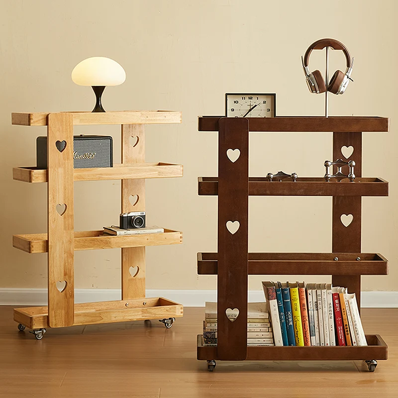 Traditional Japanese Rubberwood Solid Wood Rectangular Movable Storage Shelf 4-Tier For Living Room
