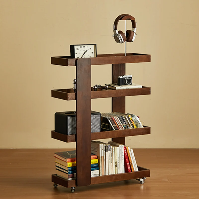 Traditional Japanese Rubberwood Solid Wood Rectangular Movable Storage Shelf 4-Tier For Living Room