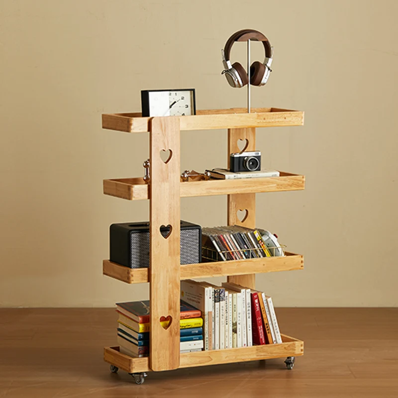 Traditional Japanese Rubberwood Solid Wood Rectangular Movable Storage Shelf 4-Tier For Living Room
