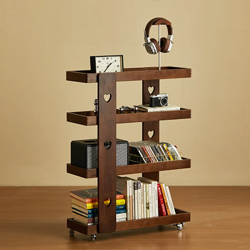 Traditional Japanese Rubberwood Solid Wood Rectangular Movable Storage Shelf 4-Tier For Living Room