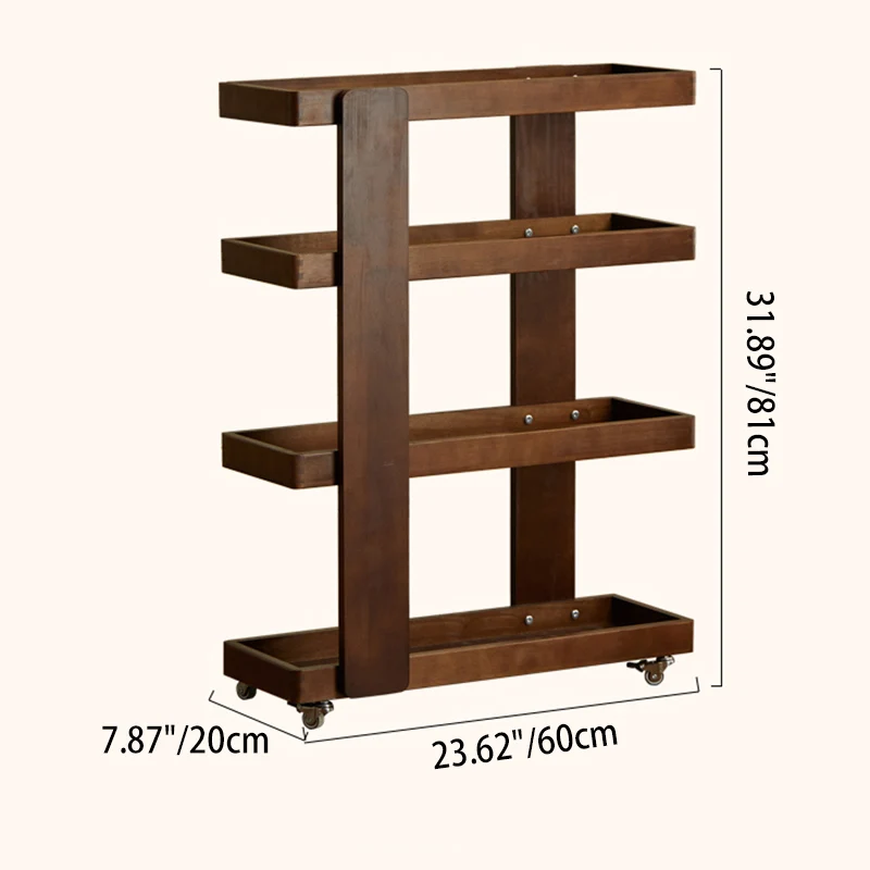 Traditional Japanese Rubberwood Solid Wood Rectangular Movable Storage Shelf 4-Tier For Living Room