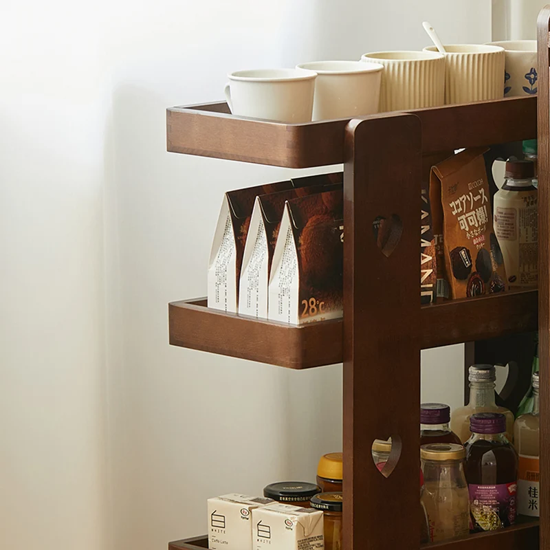 Traditional Japanese Rubberwood Solid Wood Rectangular Movable Storage Shelf 4-Tier For Living Room