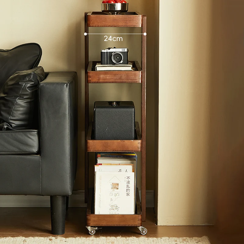 Traditional Japanese Rubberwood Solid Wood Rectangular Movable Storage Shelf 4-Tier For Living Room