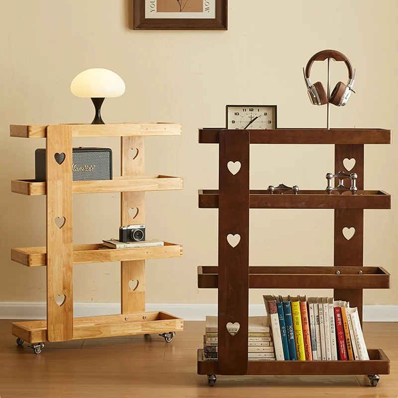 Traditional Japanese Rubberwood Solid Wood Rectangular Movable Storage Shelf 4-Tier For Living Room
