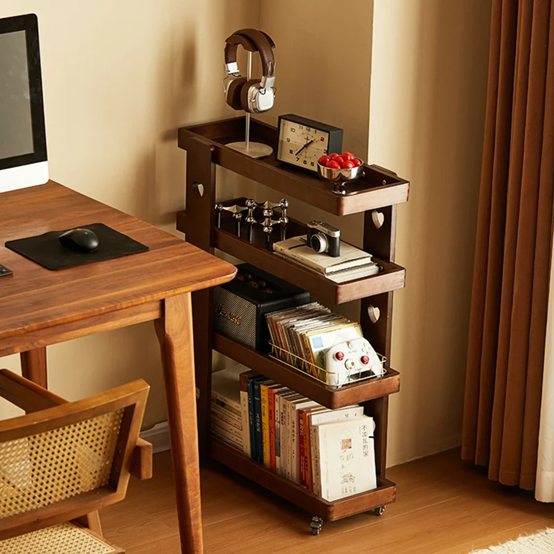 Traditional Japanese Rubberwood Solid Wood Rectangular Movable Storage Shelf 4-Tier For Living Room