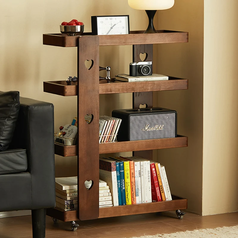 Traditional Japanese Rubberwood Solid Wood Rectangular Movable Storage Shelf 4-Tier For Living Room
