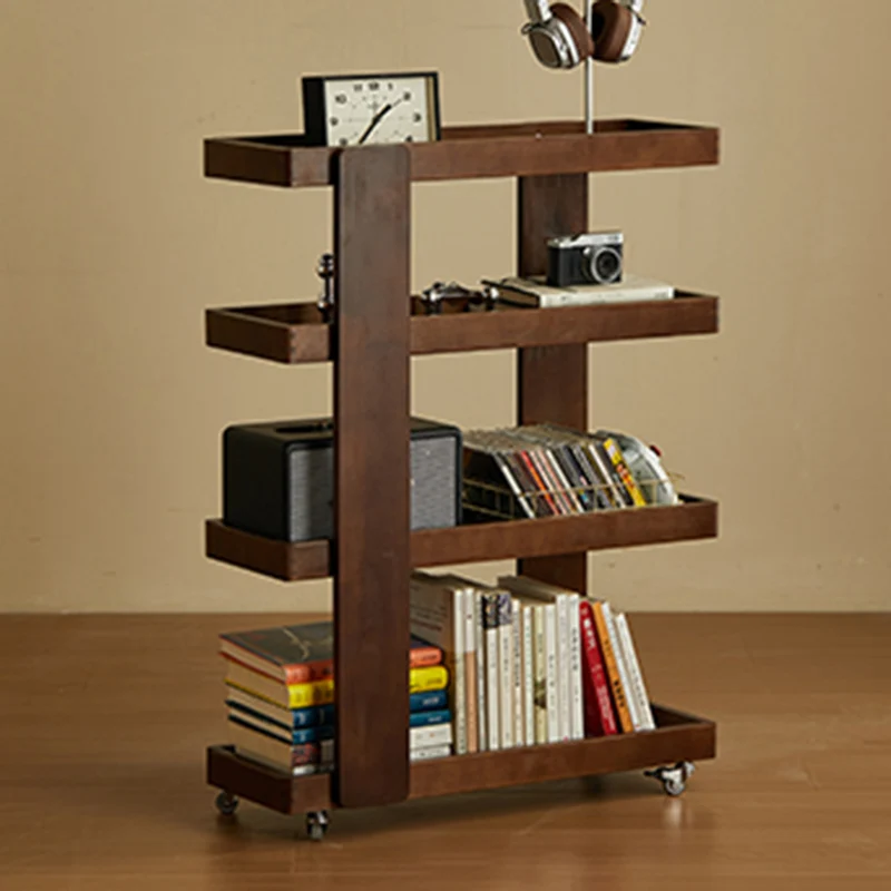 Traditional Japanese Rubberwood Solid Wood Rectangular Movable Storage Shelf 4-Tier For Living Room