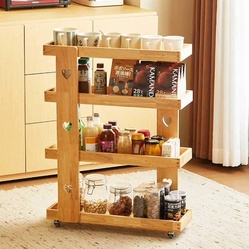 Traditional Japanese Rubberwood Solid Wood Rectangular Movable Storage Shelf 4-Tier For Living Room