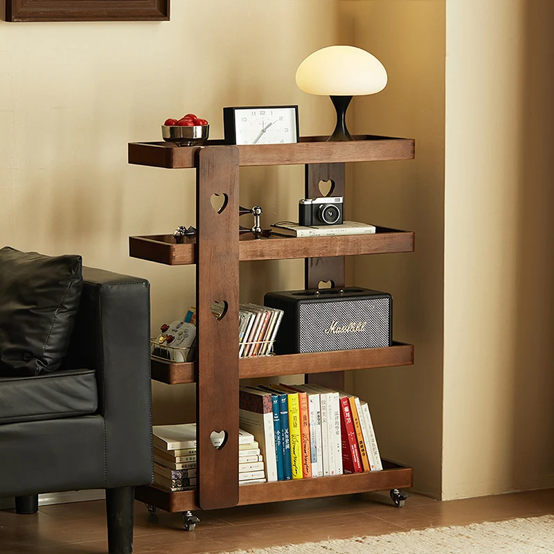 Traditional Japanese Rubberwood Solid Wood Rectangular Movable Storage Shelf 4-Tier For Living Room