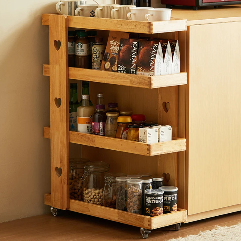 Traditional Japanese Rubberwood Solid Wood Rectangular Movable Storage Shelf 4-Tier For Living Room