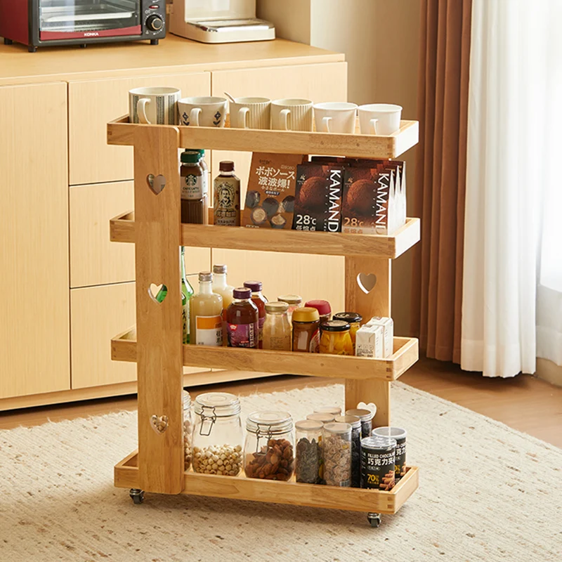 Traditional Japanese Rubberwood Solid Wood Rectangular Movable Storage Shelf 4-Tier For Living Room
